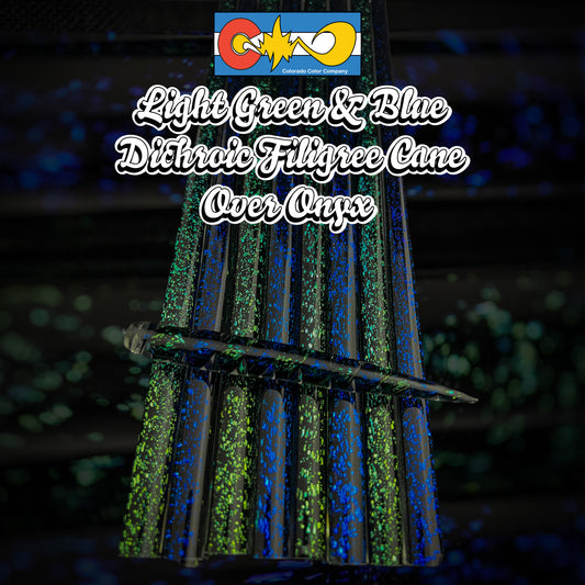 Light Green & Blue Dichroic over Black- Filigree Cane - Borosilicate glass